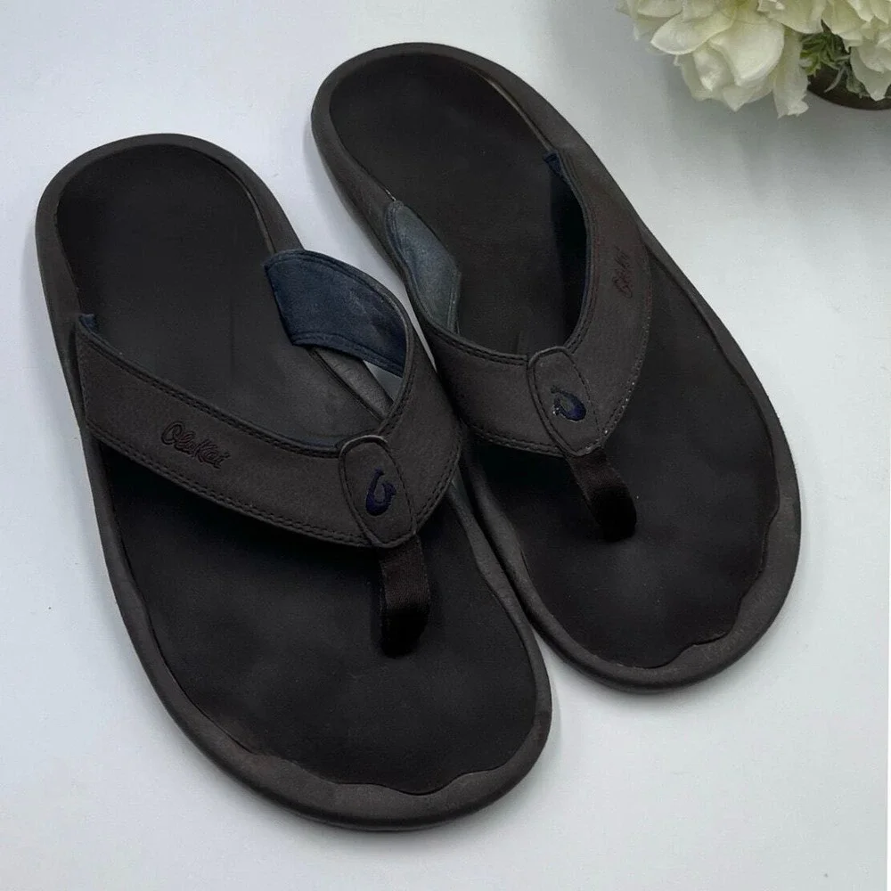 OLUKAI Mens Shoes OHANA Brown Flip Flops Sandals Thongs Size 14‎ Slip On